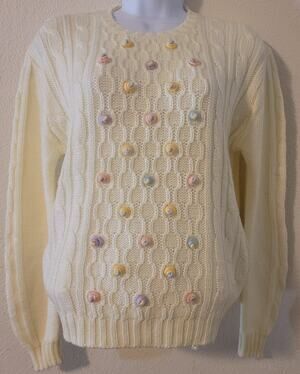 VTG Pronto Cream Cable Knit Women's Sweater Large LIttle Pastel Knit Designs